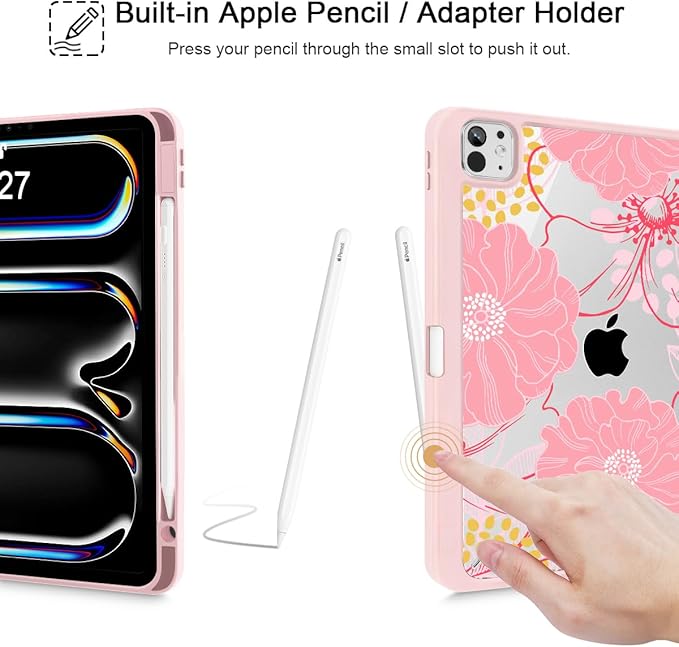 May Chen Case for iPad Pro 11-Inch M5/M4 2025/2024 (6th/5th Generation) Clear Transparent Print Back Shell Slim Stand Shockproof Tablet Cover Auto Wake/Sleep Pink Flowers