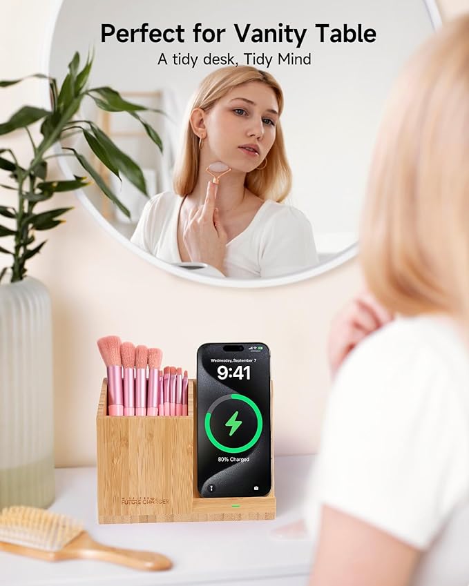 Bamboo Pen Holder for Desk &amp Nightstand Organizer with Fast Wireless Charging for iPhone Samsung &amp More – Office Desk Accessories for Men/Women (Bamboo)