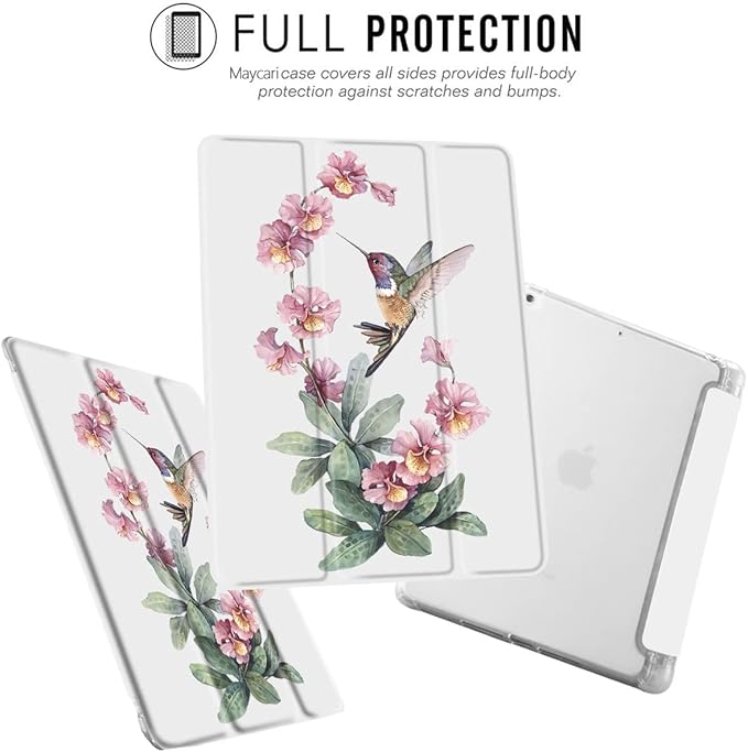 MAYCARI Hummingbird Flower Case foriPad Pro 12.9 Inch 2022/2021/2020 with Pencil Holder Lovely Animal iPad Pro 6th/5th/4th Generation Soft TPU Back Protective Case Auto Sleep/Wake Cover Slim Shell