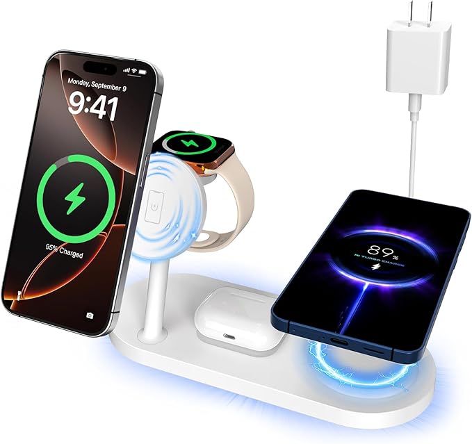 Dual Phone Wireless Charger 30W Magnetic 4 in 1 Charging Station for Apple Devices Charging Stand for iPhone 17/16/15/14/13/12 Series Support for Apple Watch11/10 for AirPods4
