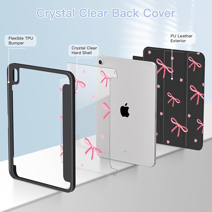 Teryeefi for iPad 11 inch (A16) 2025 11th Gen/iPad 10.9 inch 2022 10th Gen Built in Pencil Holder with Crystal Clear Back Cover Hard Shell with Auto Wake/Sleep &amp Stand Function Black Bows