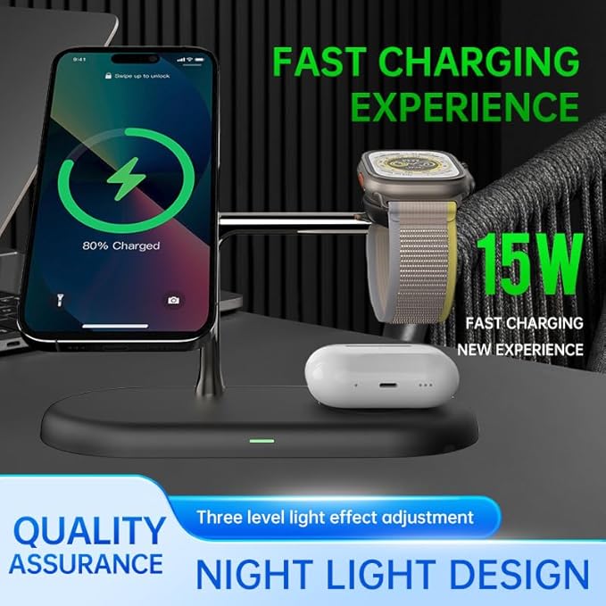 Wirleless Charger 3 in 1 Wireless Charging Station for iPhone 16/15/14/13/12 Fast Charging for AirPods/Apple Watch &ampSamsung Galaxy Watch with Night Light