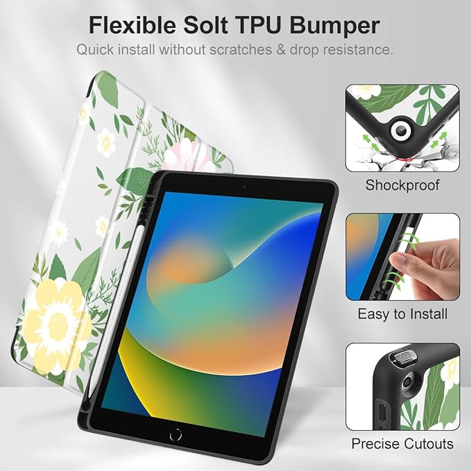 Tuiklol Case for iPad 10.2 Inch 2021 2020 2018 Release 9th / 8th / 7th Generation Built-in Pencil Holder TPU Protective Stand Back Cover Trifold Stand-Auto Wake/Sleep Flowers White