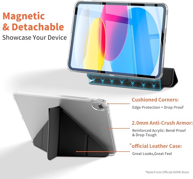 for iPad (A16) 11th/10th Generation Case(2025/2022) - Magnetic Detachable Portrait/Landscape Stand Cover with Hard Shell Back5 Standing AnglesAuto Wake/Sleep Slim &amp LightBlack