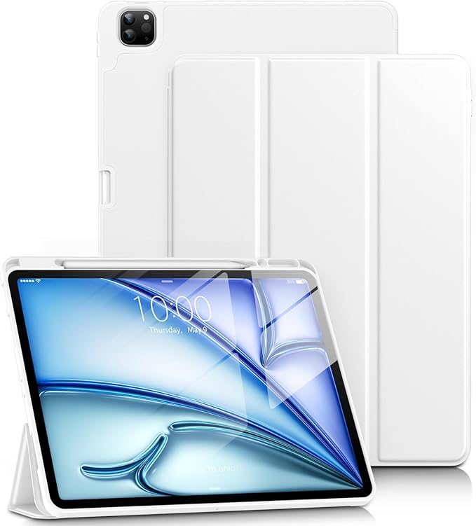 DTTO for iPad Air 13 Inch Case M4/M3/M2 2026/2025/2024 iPad Pro 12.9 Inch Case (6th/5th/4th/3rd Gen) Smart Slim Trifold Stand Soft Cover with Pencil Holder White