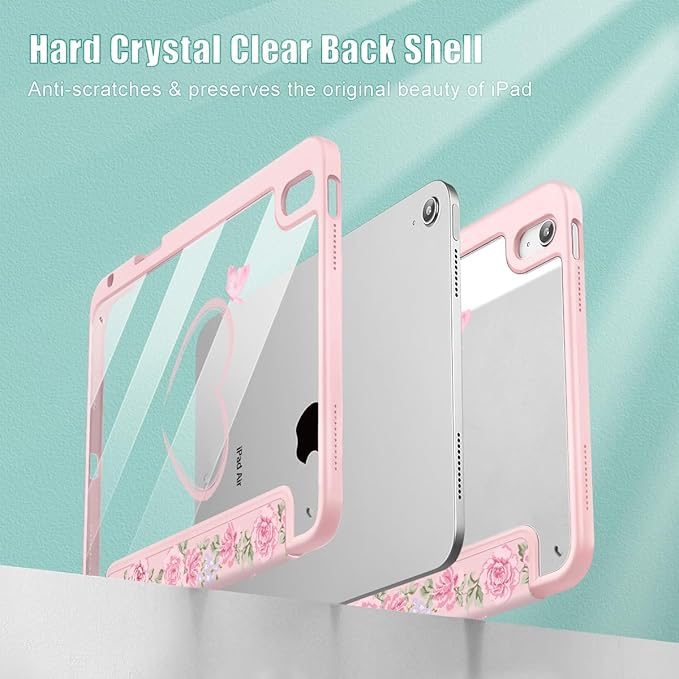 May Chen for iPad Air 11-inch M4/M3/M2 (2026/2025/2024) iPad Air 5th/4th 10.9 Inch - Shockproof Cover with Clear Back Shell &amp Penceil Holder Auto Wake/Sleep Stand Cover Bow &amp Rose Flower