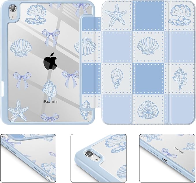 May Chen Slim Case for iPad mini 7 (A17 Pro 7th Generation) 2024 / iPad mini 6 (6th Gen) 8.3 Inch [Built-in Pencil Holder] Shockproof Cover Clear Clear Back Shell Auto Wake/Sleep Blue Checkered