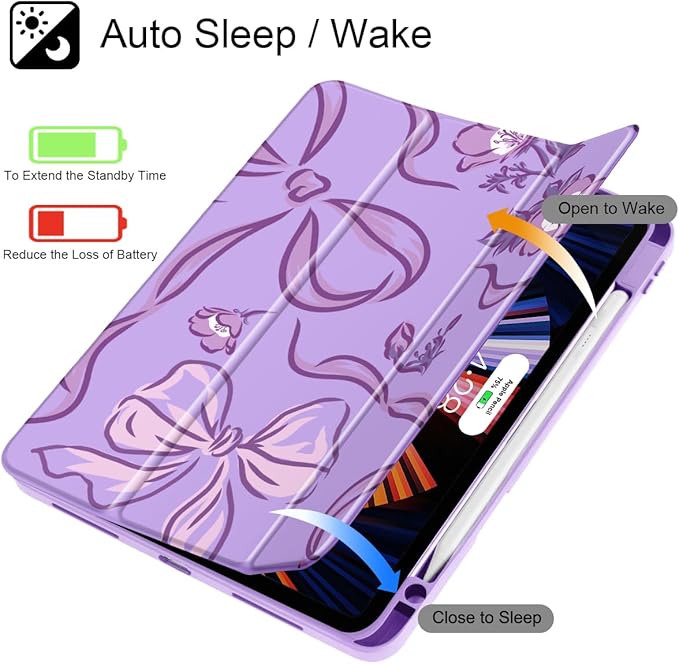 Mektron Case for M5/ M4 iPad Pro 11 inch 2025/2024 with Pencil Holder Compatible Models: A3357/A3358/A3359/A2836/A2837/A3006 Shockproof Cover Clear Shell Flowers-Bows-Purple
