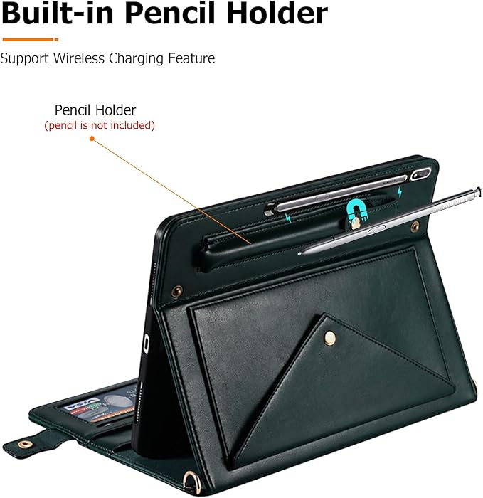 Dteck Case for Galaxy Tab S10 Plus/S9 Plus/S8 Plus+/S7 FE/S7 Plus 12.4 inchPU Leather Fold Business Stand Protective Cover with Pen Holder Card Slots Shoulder Hand Strap Handbag Wallet CaseDarkgreen