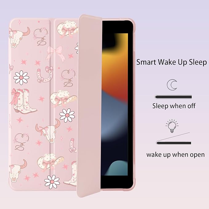 Cute Western Cowgirl Bow for iPad 7th/8th/9th Generation Case with Pencil Holder Auto Sleep/Wake Pink Leather Soft TPU Back Cover for iPad 10.2 Inch 2019/2020/2021