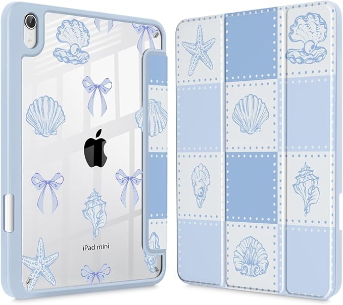 May Chen Slim Case for iPad mini 7 (A17 Pro 7th Generation) 2024 / iPad mini 6 (6th Gen) 8.3 Inch [Built-in Pencil Holder] Shockproof Cover Clear Clear Back Shell Auto Wake/Sleep Blue Checkered