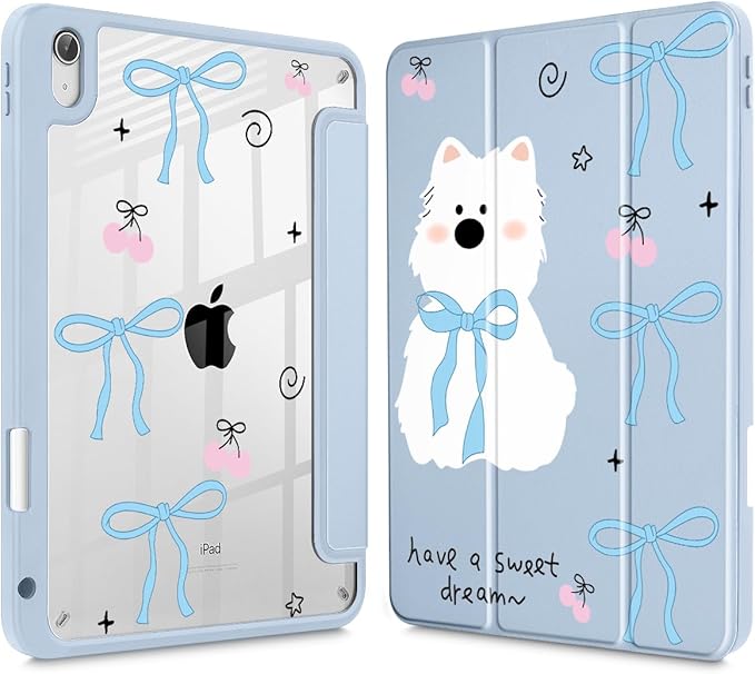 May Chen for iPad Air 11-inch M4/M3/M2 (2026/2025/2024) iPad Air 5th/4th 10.9 Inch - Shockproof Cover with Clear Back Shell &amp Penceil Holder Auto Wake/Sleep Stand Cover Blue Bows Dog