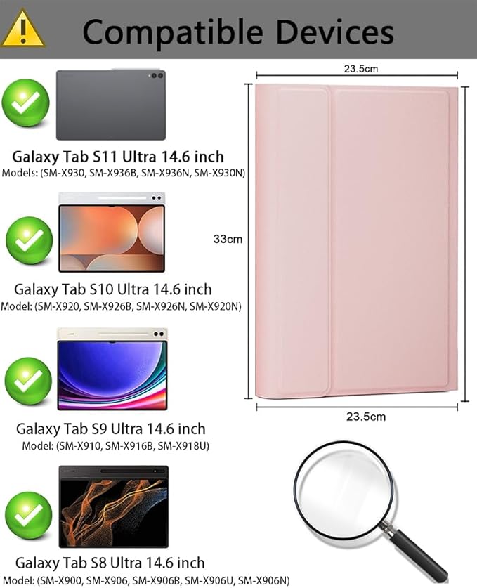 Keyboard Case for Samsung Galaxy Tab S11 Ultra / S10 Ultra / S9 Ultra / S8 Ultra 14.6 inch Cover - Detachable Magnetic Keyboard with S Pen Holder with Mouse - Pink