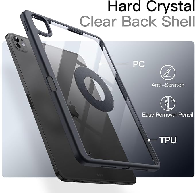 JETech Magnetic Detachable Case for iPad Pro 11-Inch M5/M4 (2025/2024) with Pencil Holder Removable Rotating Clear Cover Portrait/Landscape Stand with Raised Screen View (Grey)