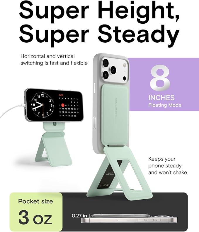 MOFT Phone Stand Magnetic Phone Tripod Stand Stain-Resistant MOVAS Leather &amp Angle Adjustment &amp Strong Magnets Tripod for iPhone 17/16/15/14/13/12 (Included Metal Ring)-Peppermint