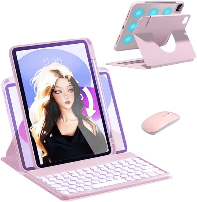 Vertical Keyboard Case for 10.2inch iPad9/iPad8/iPad7 with Mouse Case for iPad 9th/8th/7th Gen/Air3/Pro10.5 Case with Keyboard Mouse Combo (Magnetic-Pink)