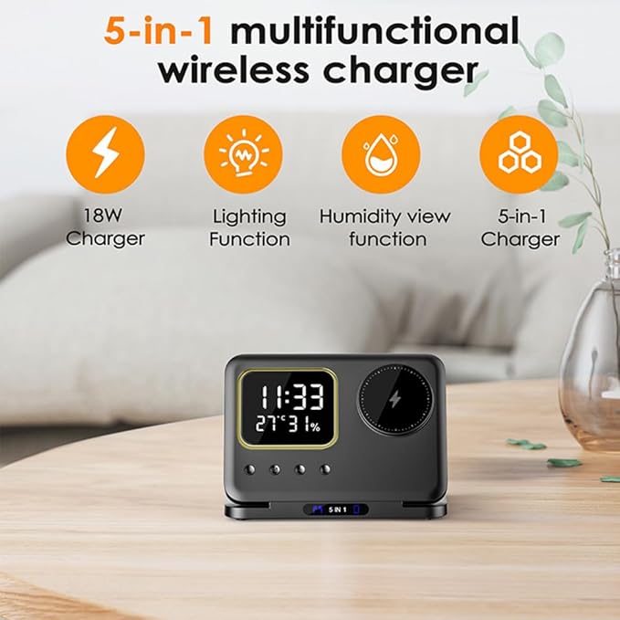 IHAO 5in1 Multi Functional Wireless Charger with Digital Clock 15W Fast Charge Night Light Temperature Display MagSafe Compliant for iPhone iWatch and Qi Headphone-DH13 Black