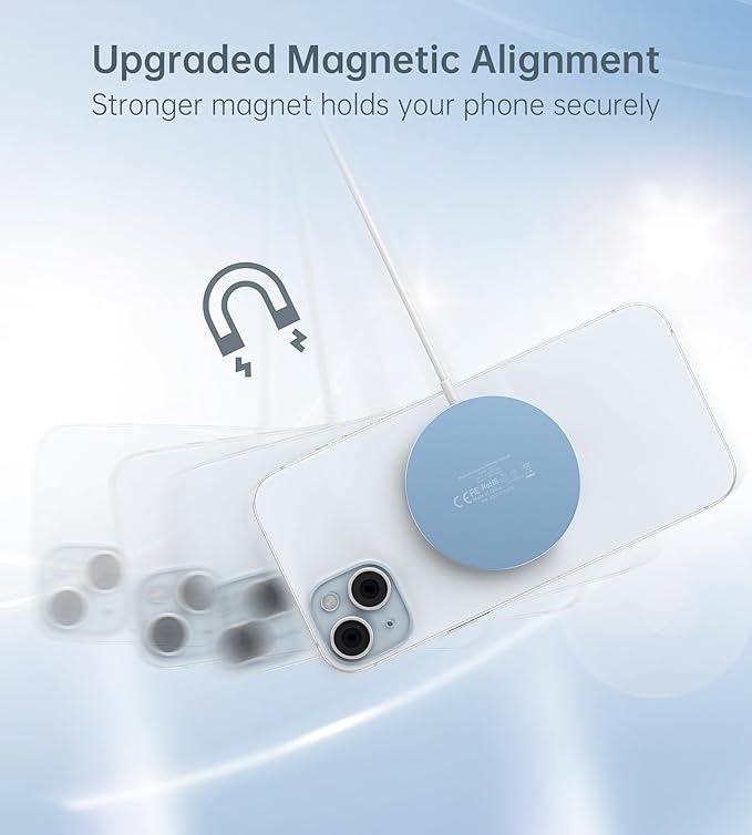 Magnetic Wireless Charger for iPhone 17/16/15/14/13/12 - Mag Charger+20W USB C Adapter Fast Wireless Charging Stand/Pad with 5ft Cable for iPhone 17/16/15/14/13/12 Pro Max Plus Mini 17 Air Blue