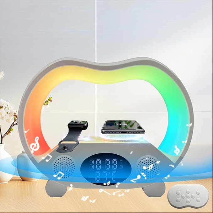 IHAO 6in1 Wireless Charging Station with Bluetooth Speaker Time&ampTemperature Display Alarm Clock 7-Color LED Night Lights Fast Charger for Phone Apple Watch Earbuds Remote Control Auto Shutoff-Bl