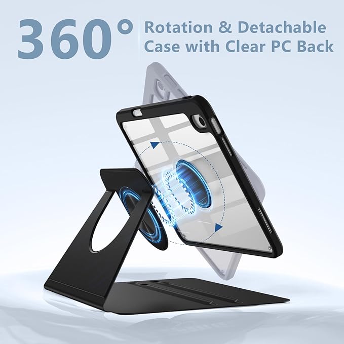 Wenlaty for iPad (A16) 11th Generation Case 11 Inch 2025 for iPad 10th Generation Case 10.9 Inch 2022 with Pencil Holder 360° Rotating Protective Stand Cover Detachable Magnetic Clear Back Black