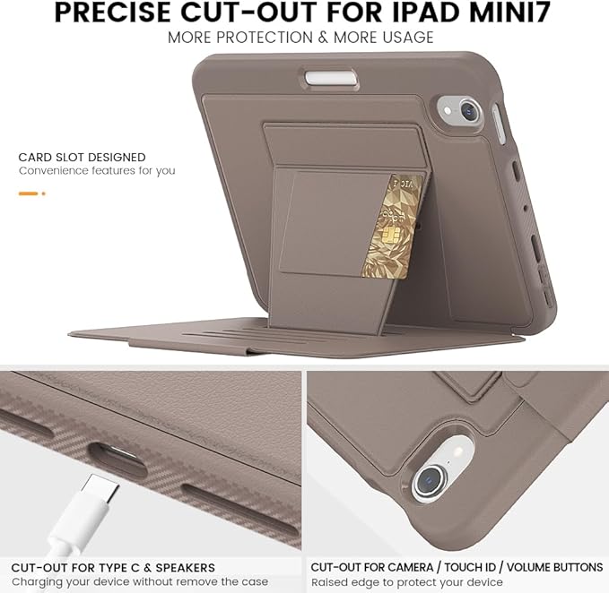 Case for iPad mini 7 (A17 Pro) 2024/ Mini 6 2021 8.3 Inch: Shockproof Rugged Protective Cover with Pencil Holder Auto Wake/Sleep Magnetic Multi-Angles Stand Card Slot Rose Gold