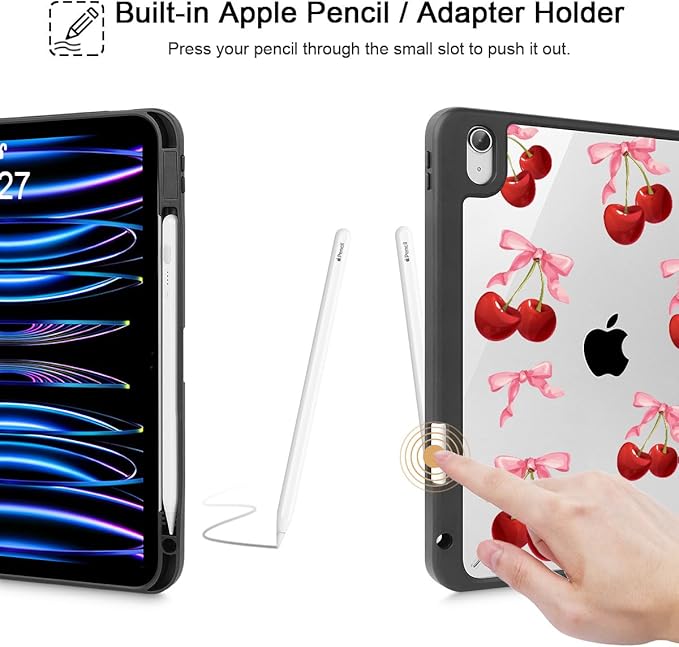 May Chen Case for iPad Air 13 Inch M4 2026 M3 2025 M2 2024 [Built-in Pencil Holder] Shockproof Cover with Clear Transparent Back Shell Auto Sleep/Wake Cover Cherry &amp Cheetah