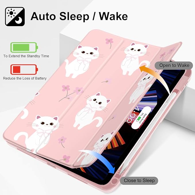 Tuiklol Case for iPad 10.2 Inch 2021 2020 2018 Release 9th / 8th / 7th Generation Built-in Pencil Holder TPU Protective Stand Back Cover Trifold Stand-Auto Wake/Sleep Cat-Pink