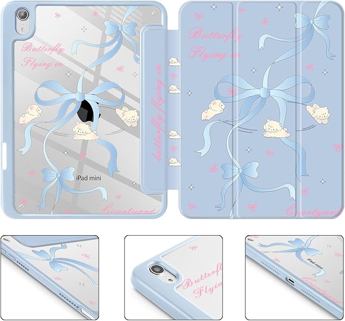 Mektron Printed Case for iPad mini 7 (A17 Pro) 2024/ Mini 6 2021 iPad mini 7th/6th Generation 8.3-inch Liquid Retina Display Cover Buit in Pencil Holder with Clear Back Shell Blue Bows-Sheep
