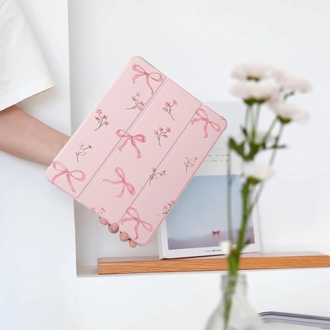 Cute Ribbon Bow Flower for iPad Air 3 Case with Pencil Holder Auto Sleep/Wake Pink Leather Soft TPU Back Cover for iPad Pro 10.5 Inch 2017