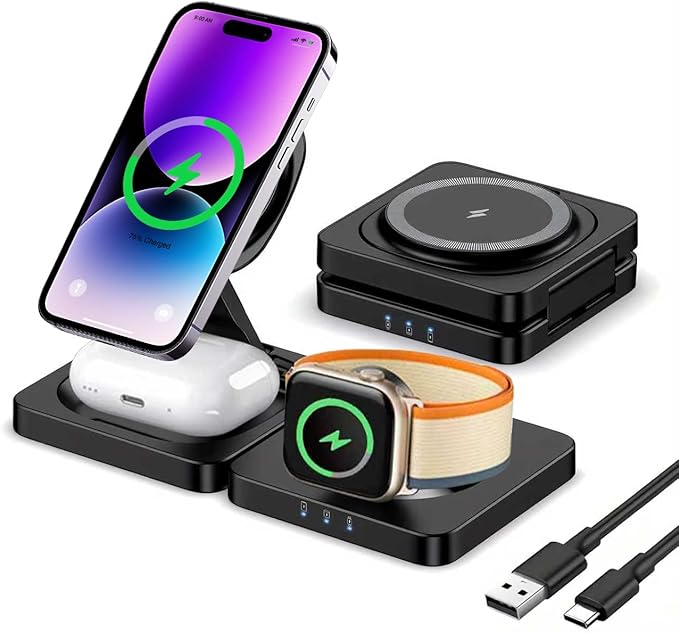 3 in 1 Foldable Wireless Charging Station for iPhone 17 16 15 14 13 12 Apple Watch AirPods Fast Charging Magnetic Stand Travel Charger