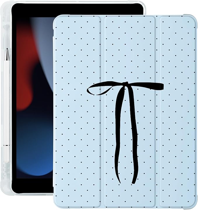 Cute Polka Dot Ribbon Bow for iPad Pro 12.9 Inch Case 5th/6th Generation 2022/2021/2020 with Pencil Holder Auto Sleep/Wake Blue Leather Soft TPU Back Cover