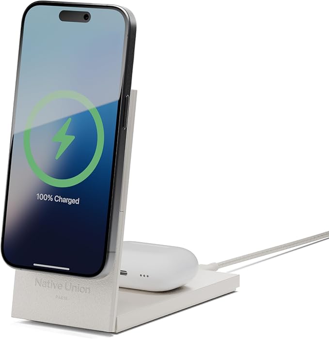 Native Union Rise 2-in-1 Magnetic Wireless Charger – Qi2 Certified &amp MagSafe Compatible – 15W Fast-Charging Foldable Charging Stand for iPhone Air 17 with Wireless Pad for AirPods Pro 3 (Sandston