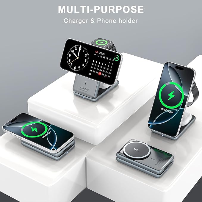 3 in 1 Charging Station for iPhone Wireless Charger Stand15W Fast MagSafe Charger for iPhone 17 16 15 14 13 12 Series-Apple Watch 11 10 9 8 7 6 5 4 3 2 SE and Ultra Series-Airpods 4 3 2 Pro