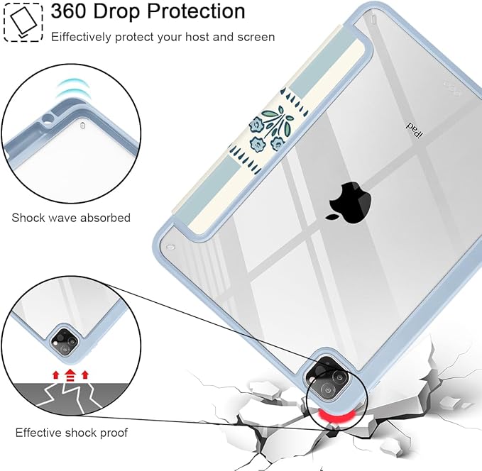 Mektron Case for iPad Pro 11 inch Case M2 2022 Generation 4th Fit 2021 2020 2018 iPad Pro 11 (3rd 2nd &amp 1st Gen) -Buit in Pencil Holder with Shockproof Cover Clear Shell Patchwork Floral