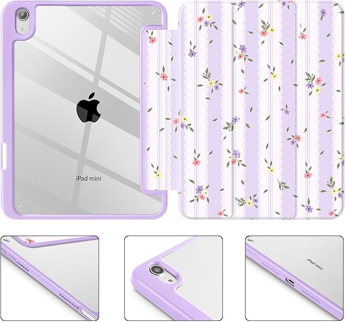 Mektron Printed Case for iPad mini 7 (A17 Pro) 2024/ Mini 6 2021 iPad mini 7th/6th Gen 8.3-inch Liquid Retina Display Cover Buit in Pencil Holder with Clear Back Shell Flowers &amp Adorable Lace