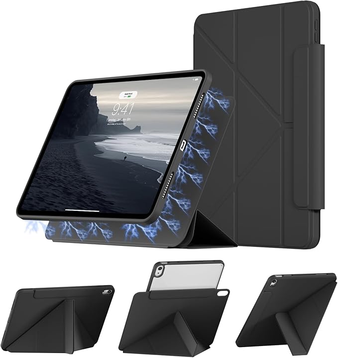 KENKE Case for iPad Air 11-Inch M4/M3/M2 (2026/2025/2024) iPad Air 10.9-Inch 5th/4th Generation(2022/2020) with Pencil Holder 3+Y-Stand Magnetic Removable 360° Rotating Clear Back Cover Black