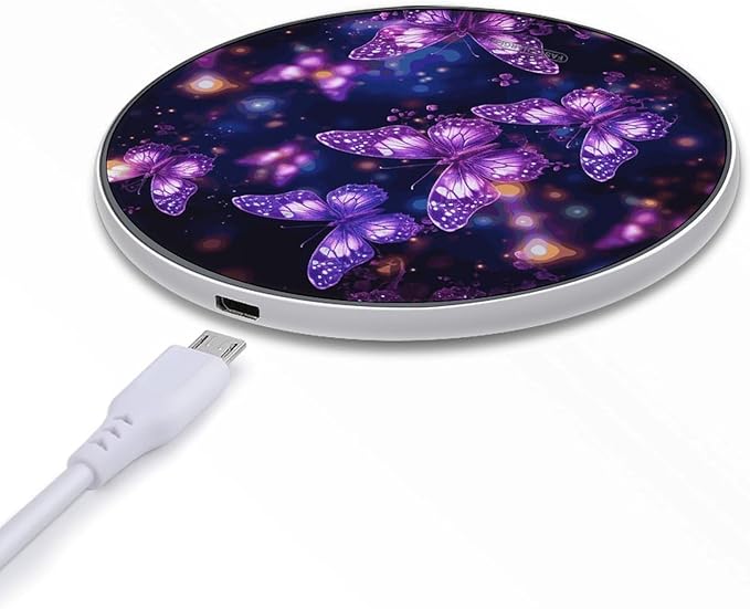 Purple Cute Butterfly Print Wireless Charger Fast Wireless Charging Pad with USB Cable 10W Anti-Slip Magnetic Wireless Charger Portable Slim Charger Puck Travel Charging Station