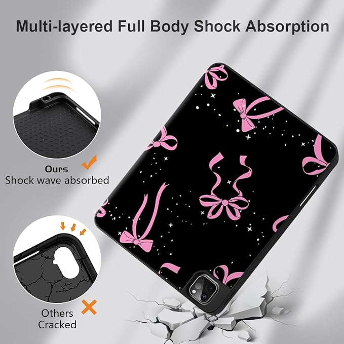 DONGKE Case for 2022/2021/2020/2018 iPad Pro 11 inch Gen 4/3/2/1 - Slim Protective Case - Built in Pencil Holder Support Charging - Trifold Stand &amp Sleep/Wake Cover - Bows &amp Stars