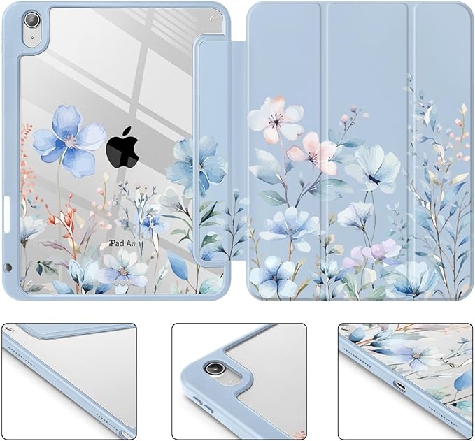 May Chen for iPad Air 11-inch M4/M3/M2 (2026/2025/2024) iPad Air 5th/4th 10.9 Inch - Shockproof Cover with Clear Back Shell &amp Penceil Holder Auto Wake/Sleep Stand Cover Blue Flowers