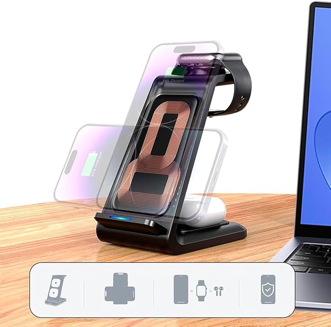 LUNOX 3 in 1 Magnetic Wireless Charger Foldable Fast Charging Station USB-C Portable Charging Stand for Smartphone Smartwatch and Earbuds Compact Desk and Travel Charger Black &amp White