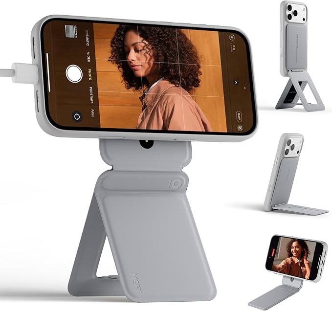 MOFT Phone Stand Magnetic Phone Tripod Stand Stain-Resistant MOVAS Leather &amp Angle Adjustment &amp Strong Magnets Tripod for iPhone 17/16/15/14/13/12 (Included Metal Ring)-Cement