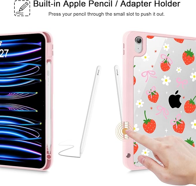 May Chen for iPad (A16) 11th Generation Case 11 Inch 2025 iPad 10th Gen Case 2022 10.9 inch Built-in Pencil Holder with Shockproof Cover Clear Back Shell Auto Wake/Sleep Strawberries &amp Bows