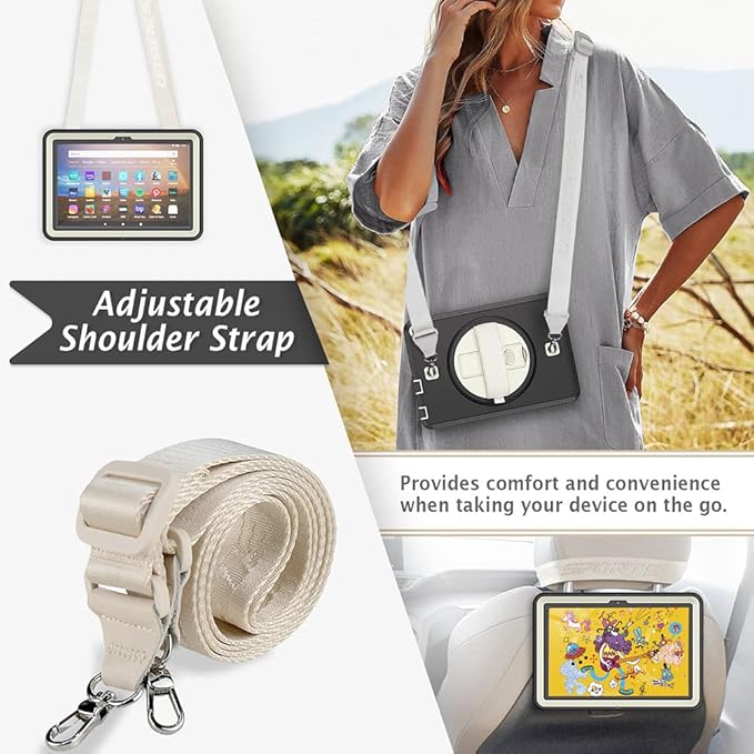 New Kindle Fire HD 8/8 Plus Tablet Case with 360 Degree Swivel Stand Carrying Strap Children's Ebook Cover Black
