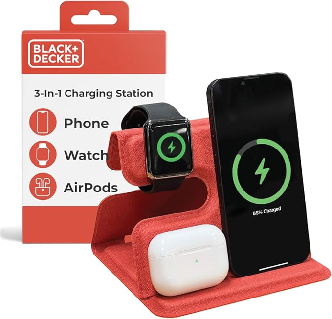 BLACK+DECKER 3 in 1 Charging Station for Apple Multiple Devices Wireless Foldable Travel Charger for Multiple Devices iPhone 17 16 15 14 13 Pro Max Plus Apple Watch Series/AirPods (Coral Rose)