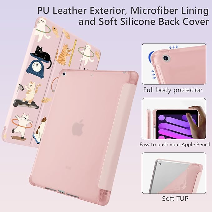 Cute Kawaii Cat Kitten for iPad Pro 11 Inch Case (M5/M4) 2025/2024 with Pencil Holder Auto Sleep/Wake Pink Leather Soft TPU Back Cover
