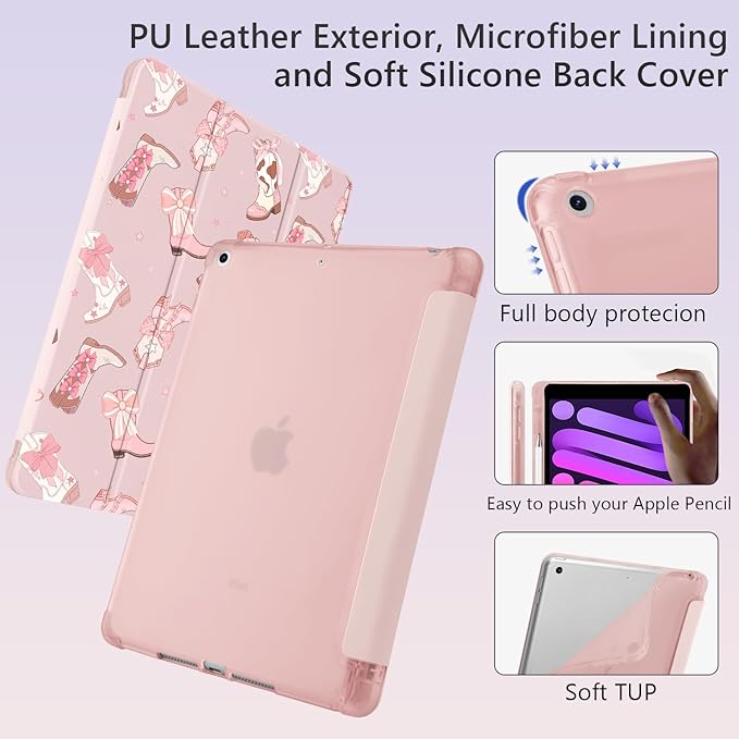 Cute Cowgirl Boots Ribbon Bow for iPad Pro 11 Inch Case (M5/M4) 2025/2024 with Pencil Holder Auto Sleep/Wake Pink Leather Soft TPU Back Cover