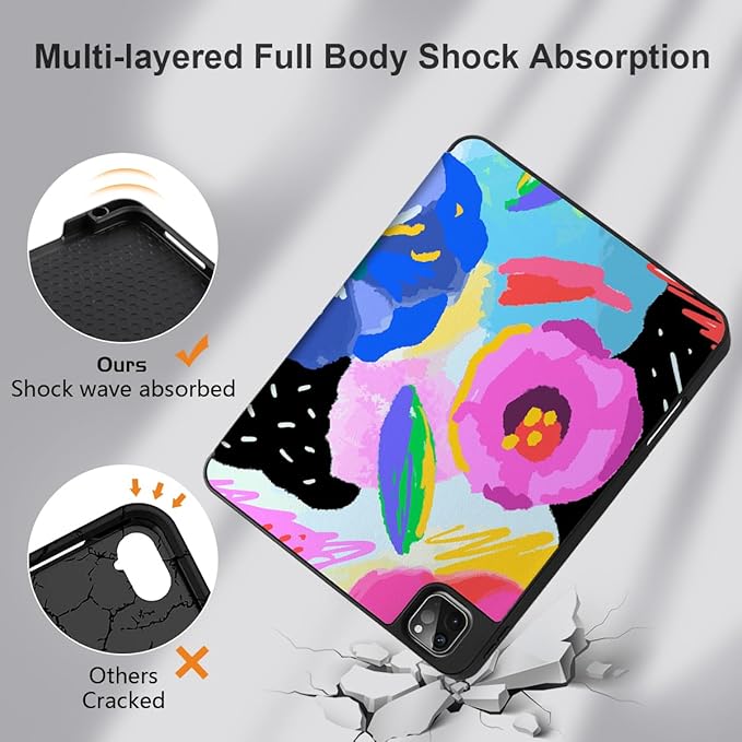 MEEgoodo for iPad Pro 12.9 Case M2 6th/5th/4th/3rd Generation 2022 2021 2020 2018 with Pencil Holder Tablet Cover with Soft TPU Back Shell Colorful Painted Floral