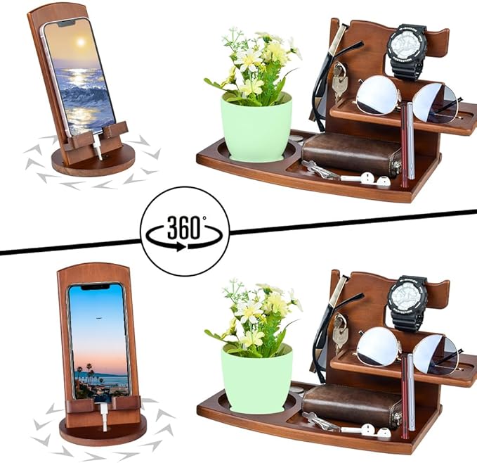 Gifts for Men Fathers Day Wood Phone Docking Station for Dad Desk or Nightstand Organizer Mens Gifts for Husband Birthday Gifts for MenGifts for Fathers Day Key Holder Wallet Watch &amp Essent