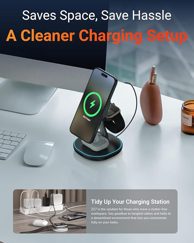 M.A.D Lab Z27 15W MagSafe Compatible 3 in 1 Qi2 Wireless Charging Station Magnetic Charger for iPhone 16/15/14/13/12 AirPods Apple Watch and Android Phones Bedside Dock with LED (No Adapter)