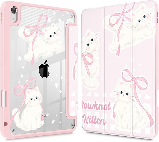 May Chen for iPad Air 11-inch M4/M3/M2 (2026/2025/2024) iPad Air 5th/4th 10.9 Inch - Shockproof Cover with Clear Back Shell &amp Penceil Holder Auto Wake/Sleep Stand Cover Bowknot Kitten